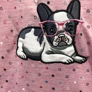 Womens pink nightshirt with embroidered dog wearing glasses